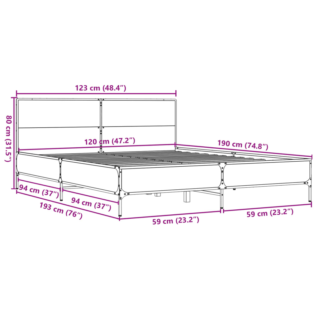sengestel 120x190 cm konstrueret træ og metal sonoma-eg