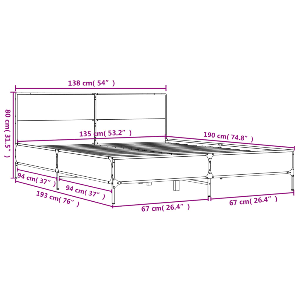 sengestel 135x190cm konstrueret træ og metal røget egetræsfarve