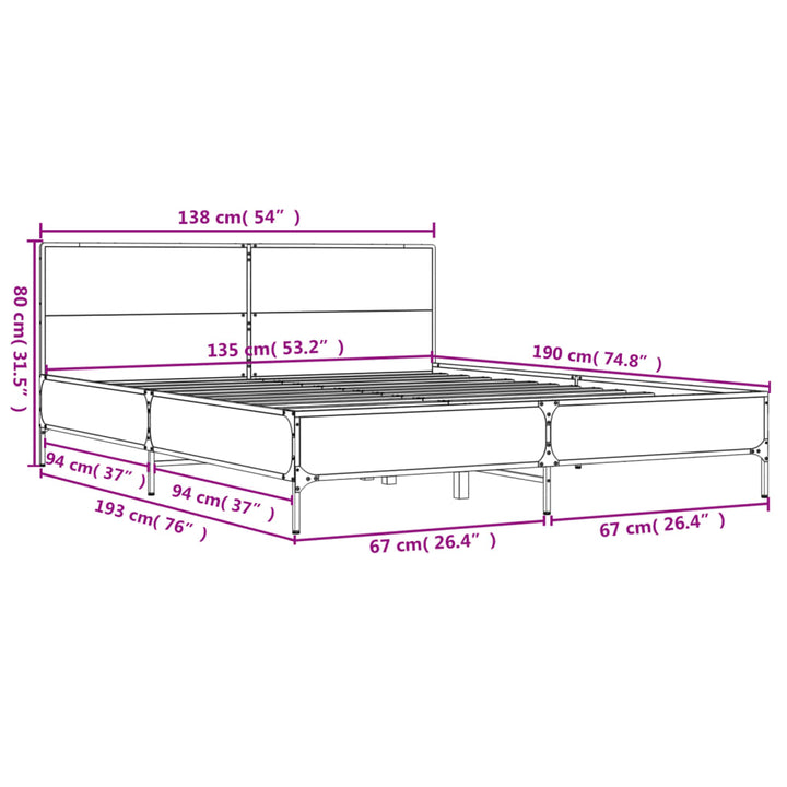 sengestel 135x190cm konstrueret træ og metal røget egetræsfarve