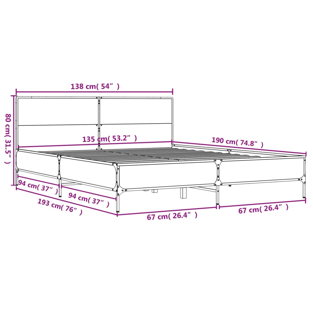 sengestel 135x190 cm konstrueret træ og metal brun egetræsfarve
