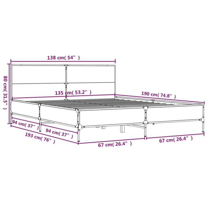 sengestel 135x190 cm konstrueret træ og metal brun egetræsfarve