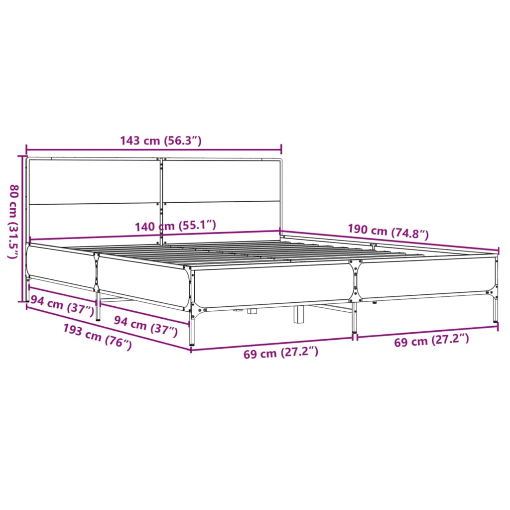 sengestel 140x190 cm konstrueret træ og metal sonoma-eg