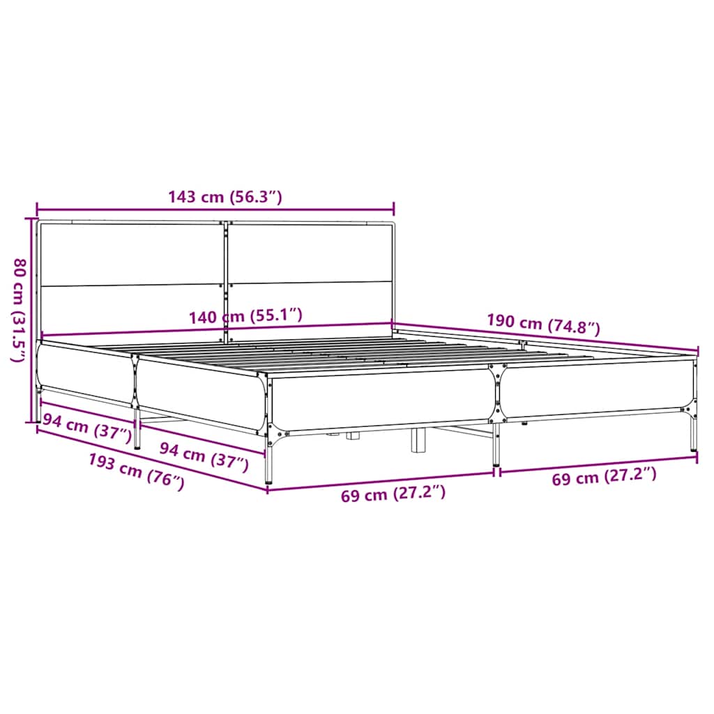 sengestel 140x190 cm konstrueret træ og metal grå sonoma-eg