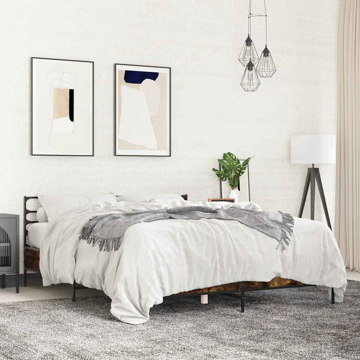 sengestel 150x200cm konstrueret træ og metal røget egetræsfarve