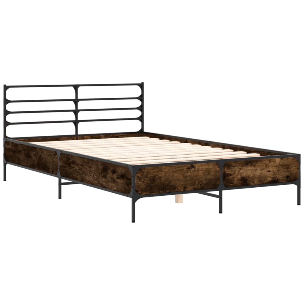 sengestel 135x190cm konstrueret træ og metal røget egetræsfarve