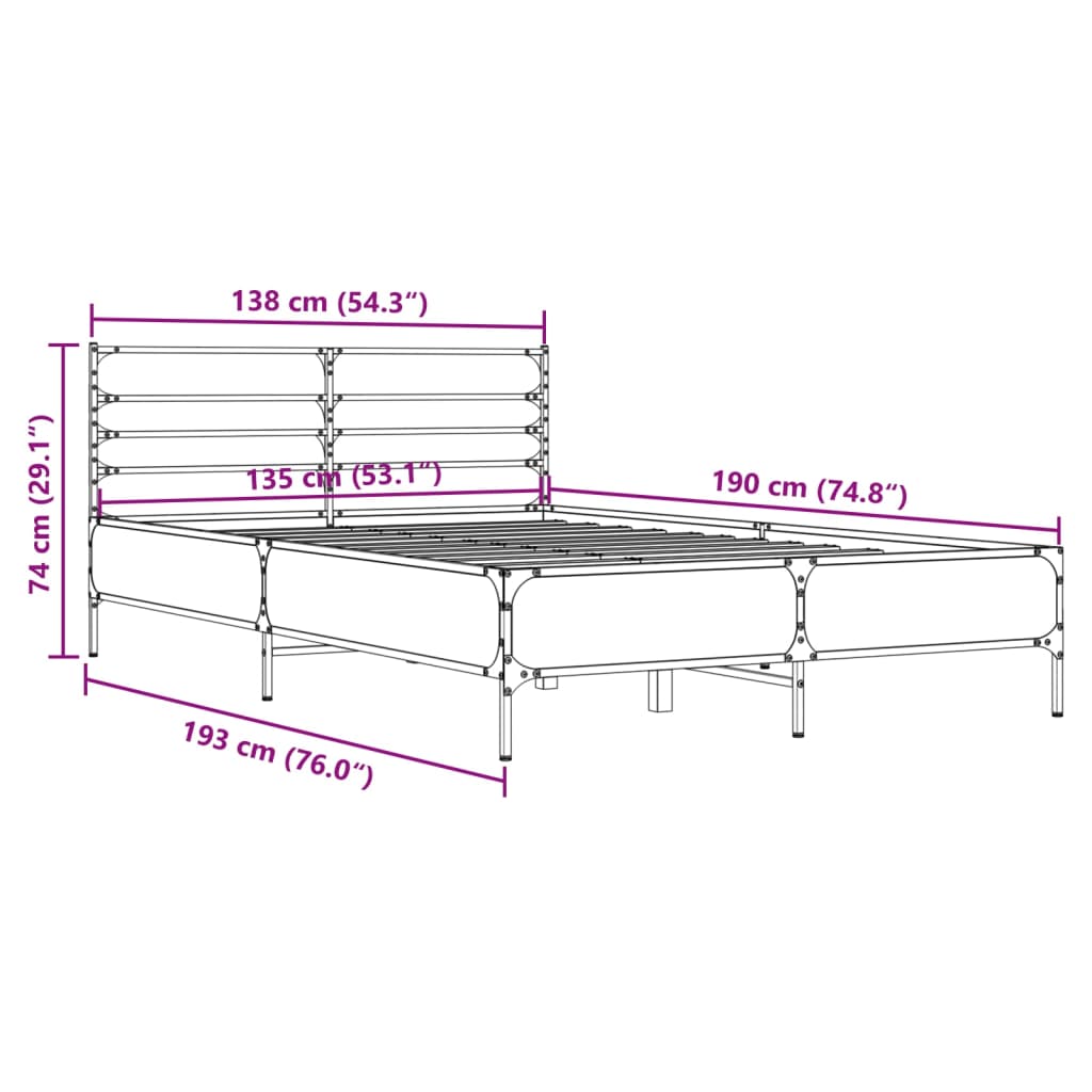 sengestel 135x190 cm konstrueret træ og metal grå sonoma-eg