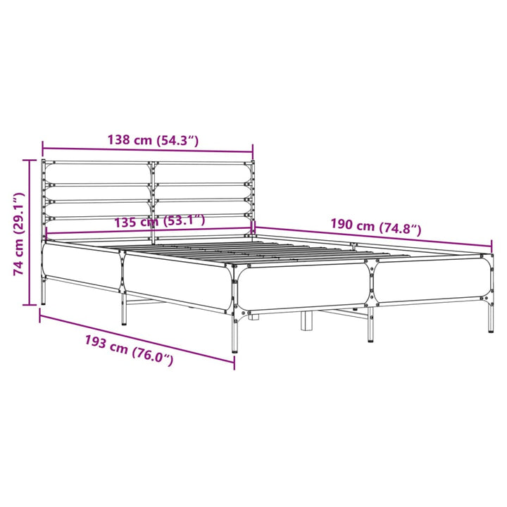 sengestel 135x190 cm konstrueret træ og metal grå sonoma-eg