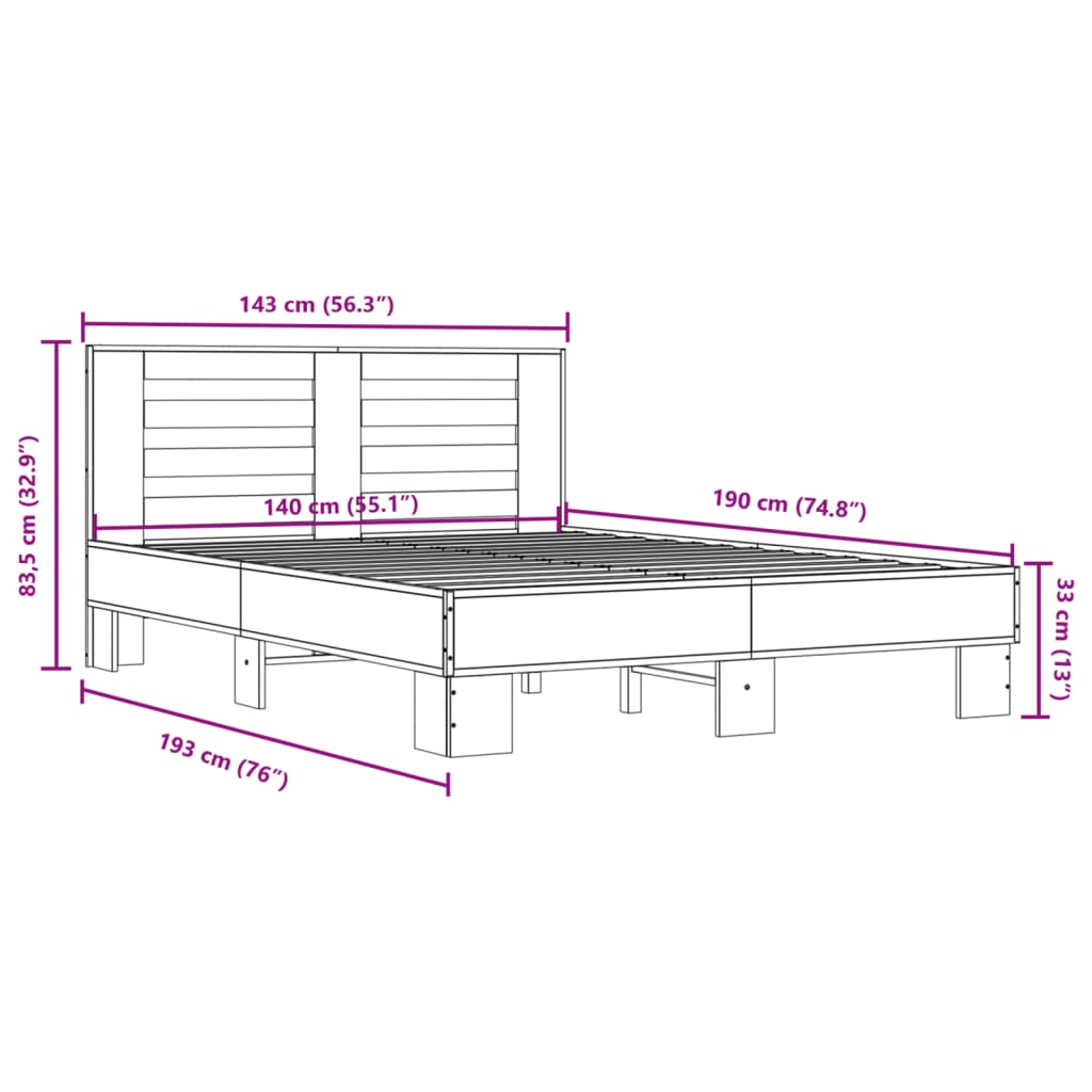 sengestel 140x190 cm konstrueret træ og metal sonoma-eg
