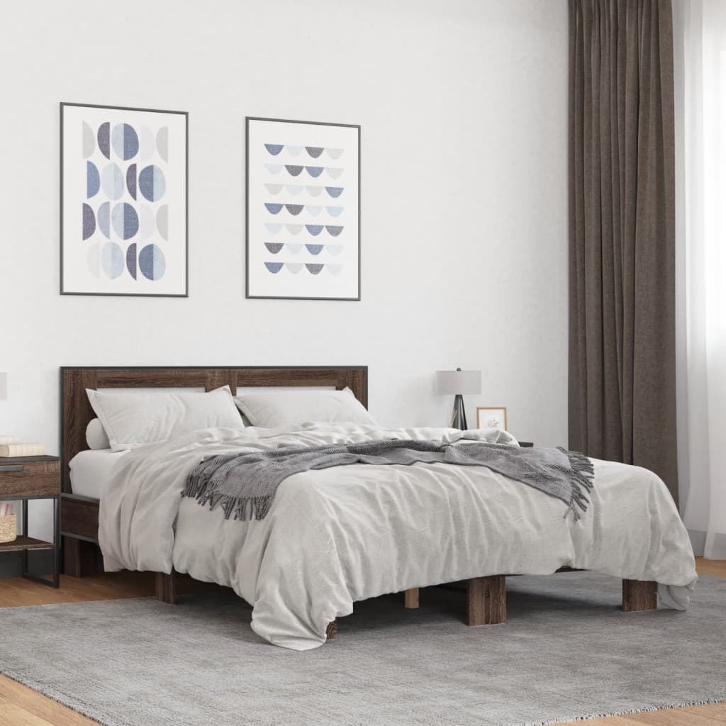 sengestel 140x190 cm konstrueret træ og metal brun egetræsfarve