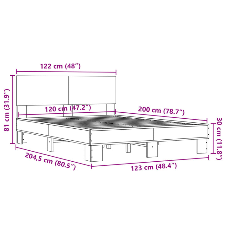 sengestel 120x200cm konstrueret træ og metal røget egetræsfarve