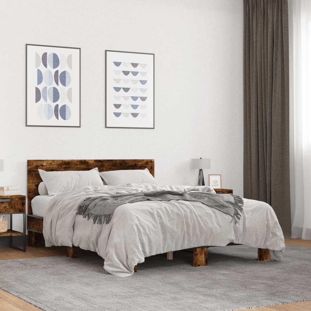 sengestel 135x190cm konstrueret træ og metal røget egetræsfarve
