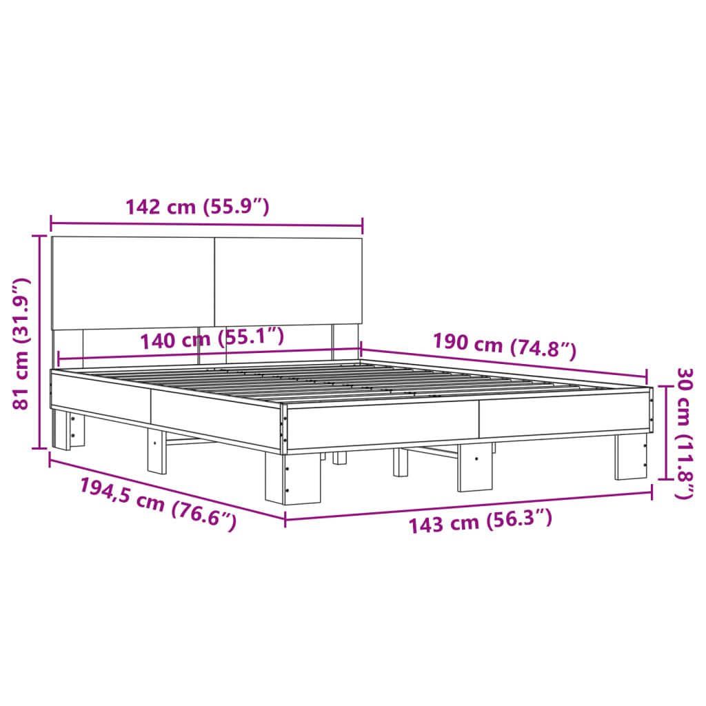 sengestel 140x190 cm konstrueret træ og metal grå sonoma-eg