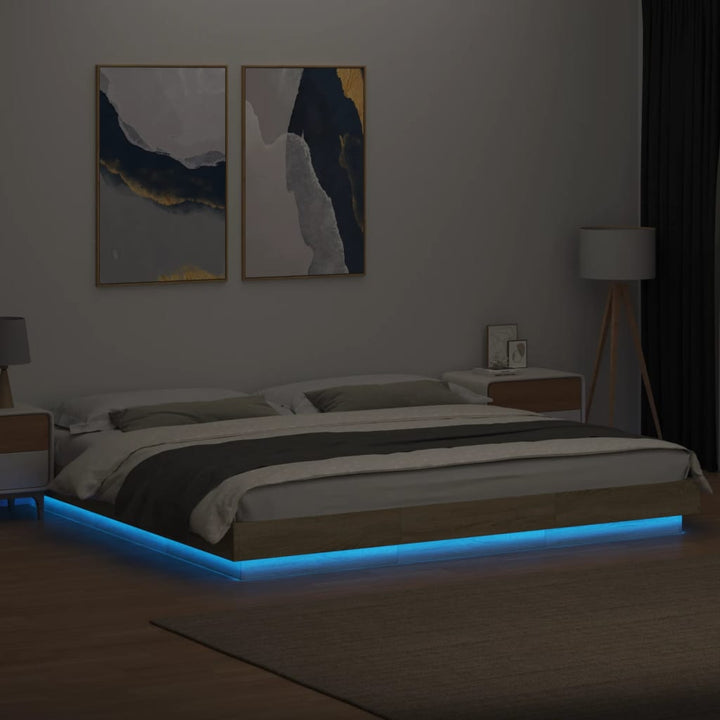 sengeramme med LED-lys 200x200 cm konstrueret træ sonoma-eg