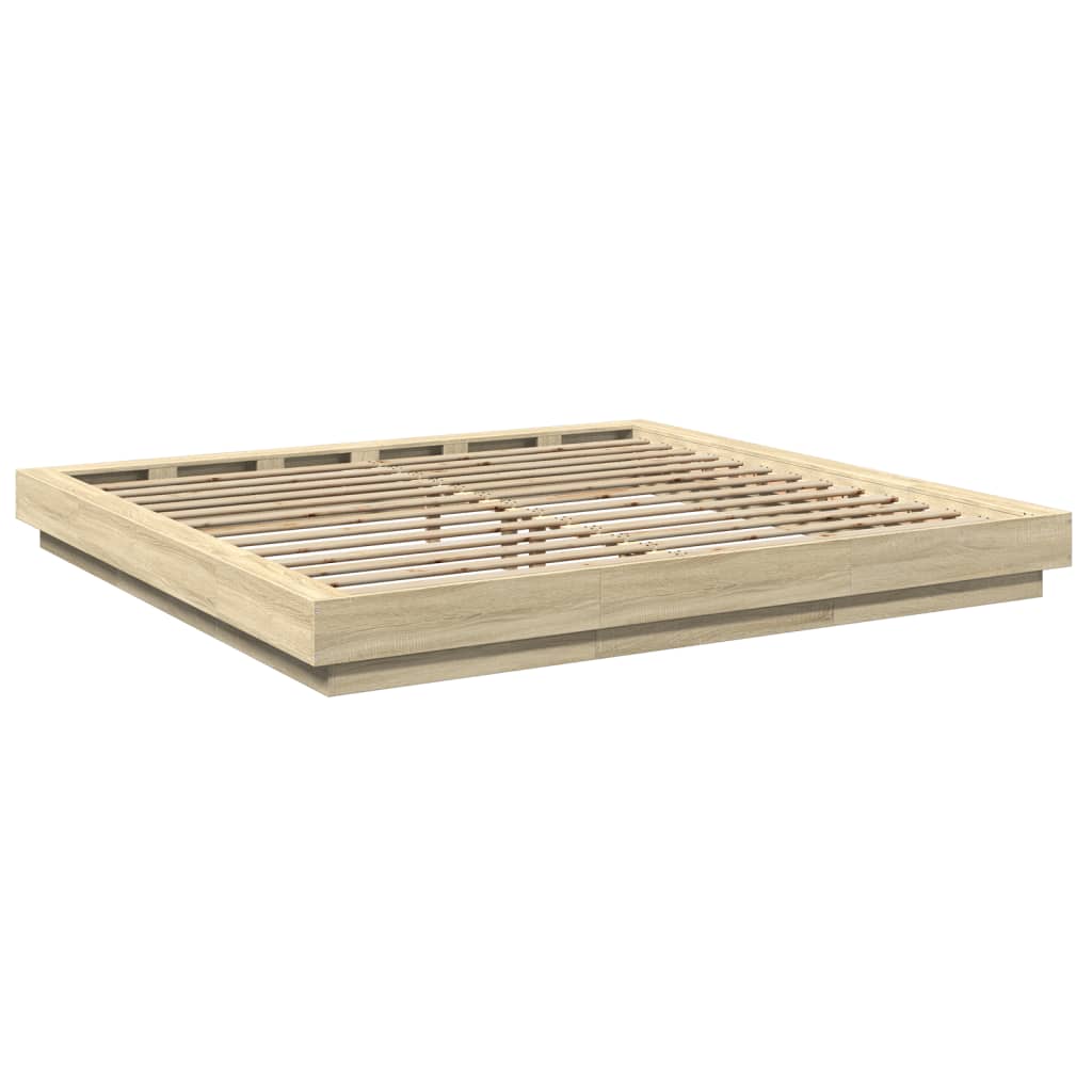 sengeramme med LED-lys 200x200 cm konstrueret træ sonoma-eg