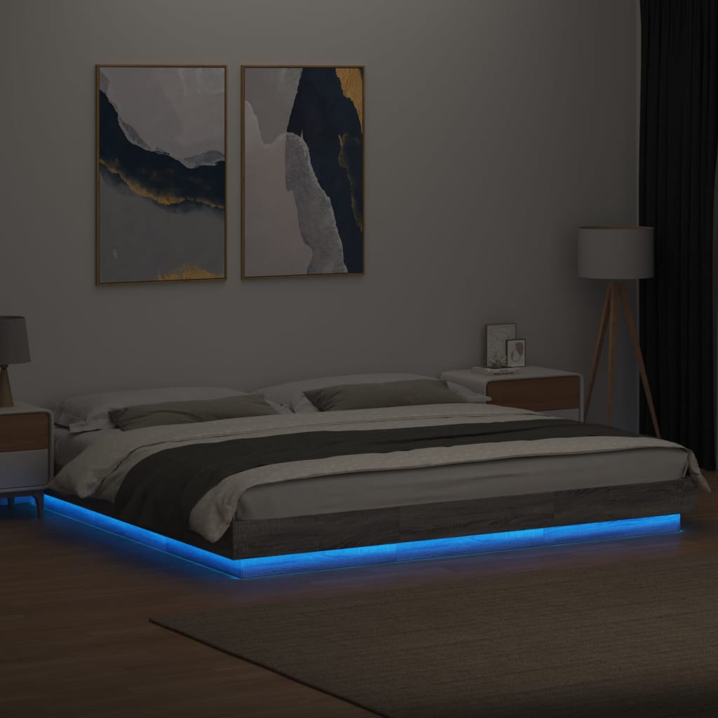 sengeramme med LED-lys 200x200 cm konstrueret træ grå sonoma-eg