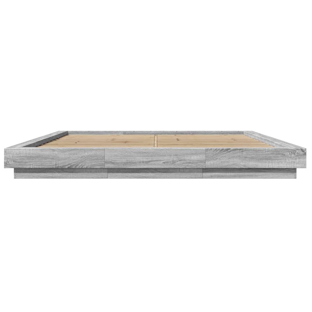 sengeramme med LED-lys 200x200 cm konstrueret træ grå sonoma-eg