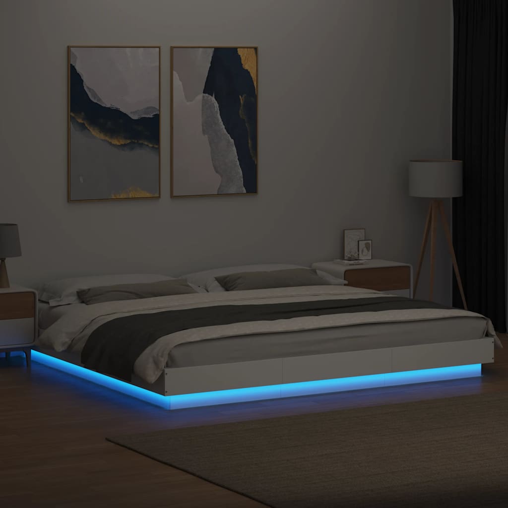 sengeramme med LED-lys 180x200 cm konstrueret træ hvid