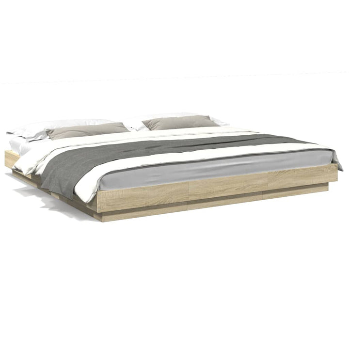 sengeramme med LED-lys 180x200 cm konstrueret træ sonoma-eg