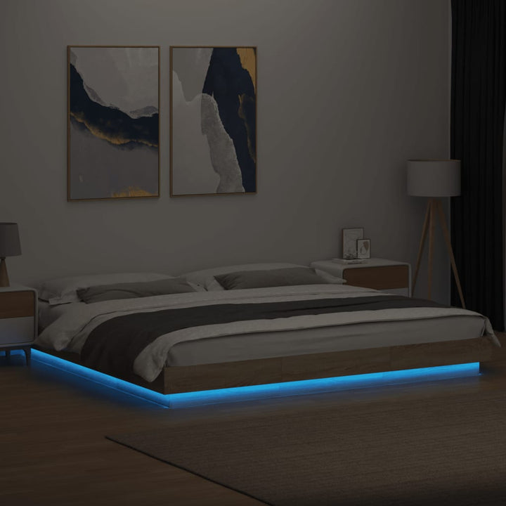sengeramme med LED-lys 180x200 cm konstrueret træ sonoma-eg