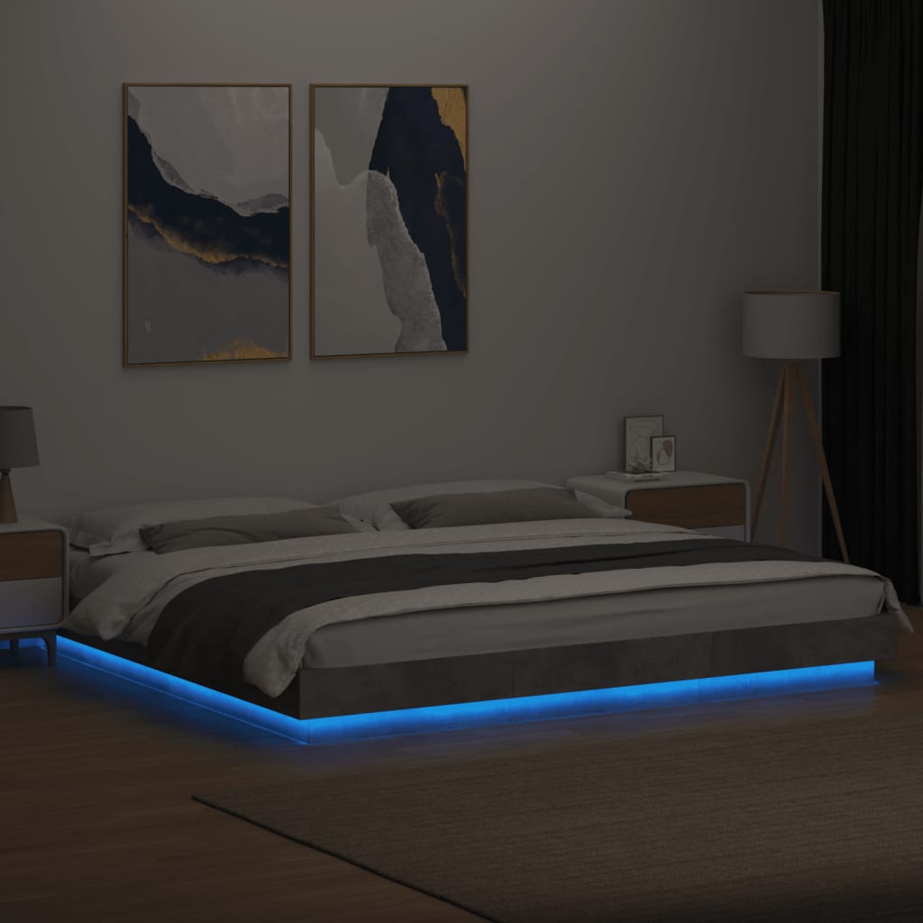 sengeramme med LED-lys 180x200 cm konstrueret træ betongrå