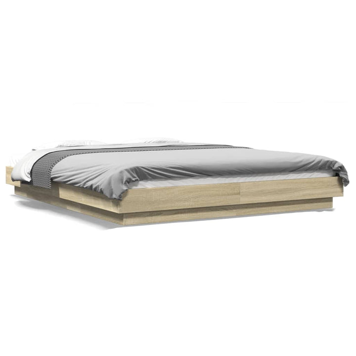 sengeramme med LED-lys 160x200 cm konstrueret træ sonoma-eg