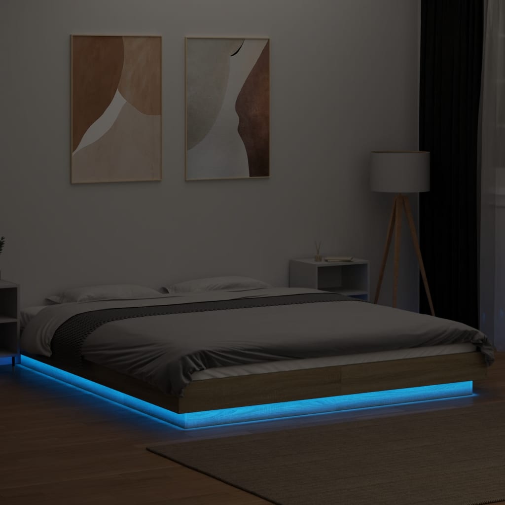 sengeramme med LED-lys 160x200 cm konstrueret træ sonoma-eg