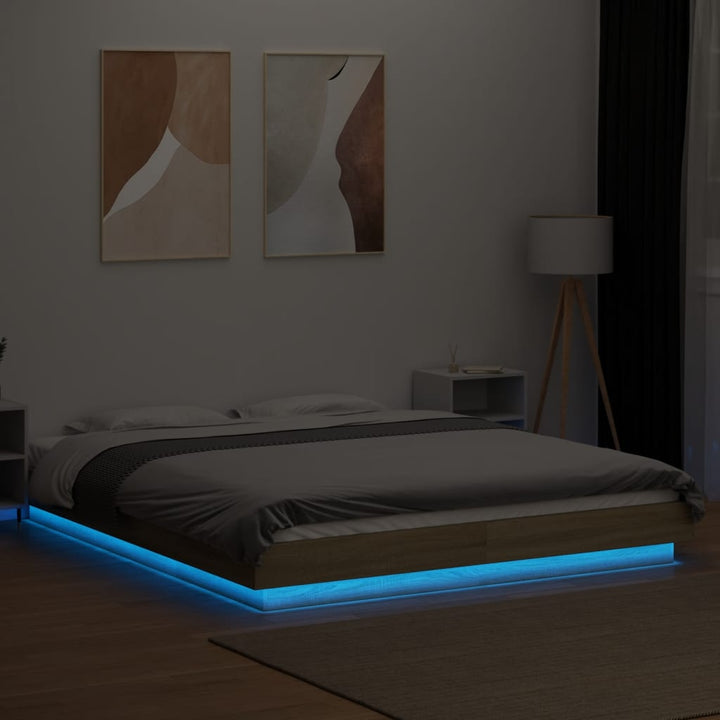 sengeramme med LED-lys 160x200 cm konstrueret træ sonoma-eg