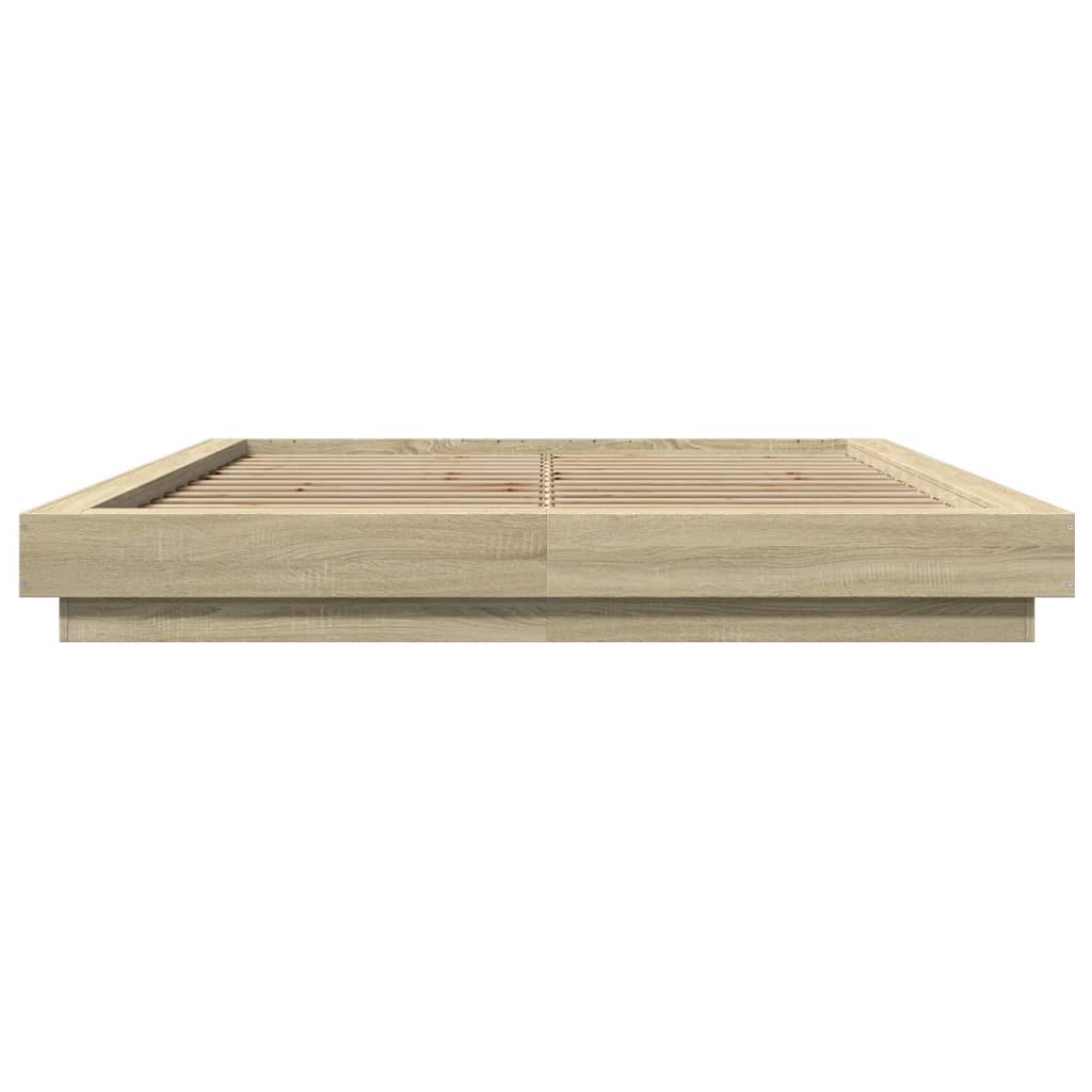 sengeramme med LED-lys 160x200 cm konstrueret træ sonoma-eg