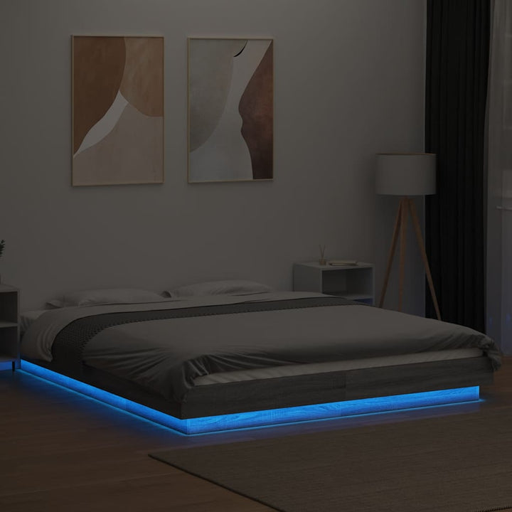 sengeramme med LED-lys 160x200 cm konstrueret træ grå sonoma-eg