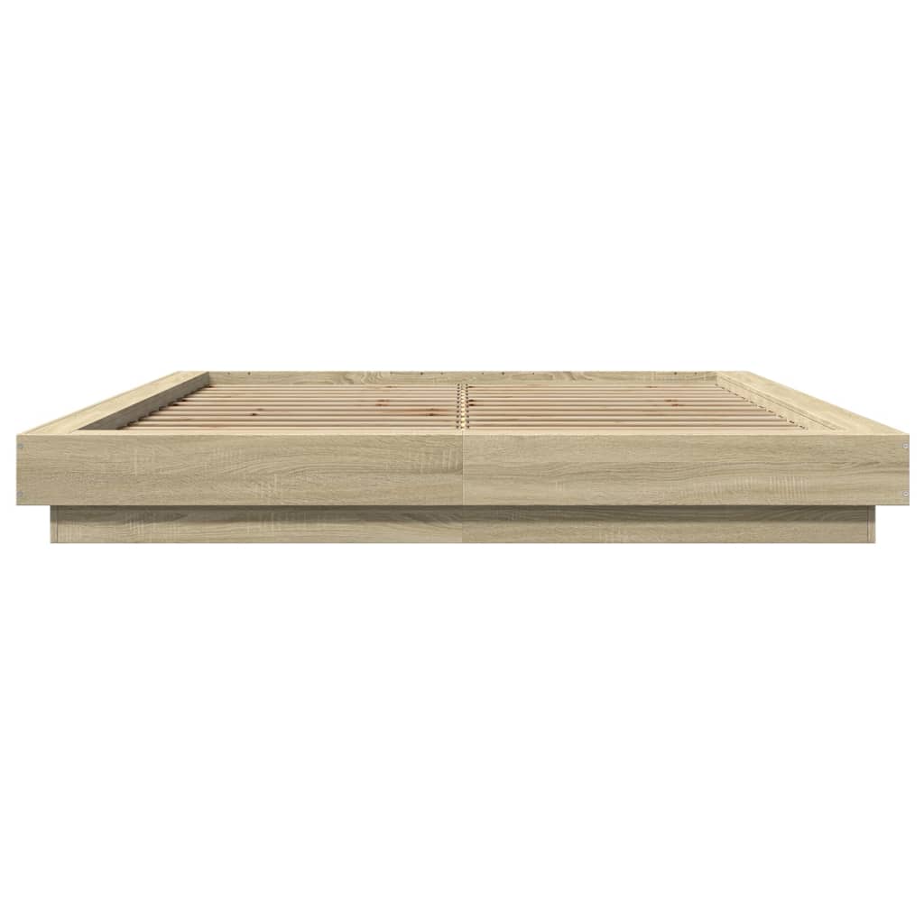 sengeramme med LED-lys 150x200 cm konstrueret træ sonoma-eg