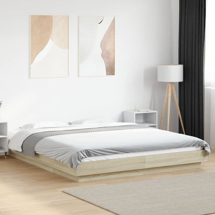 sengeramme med LED-lys 150x200 cm konstrueret træ sonoma-eg