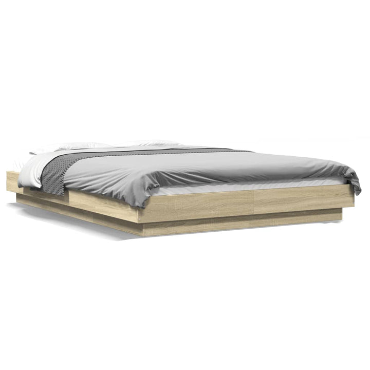 sengeramme med LED-lys 120x200 cm konstrueret træ sonoma-eg
