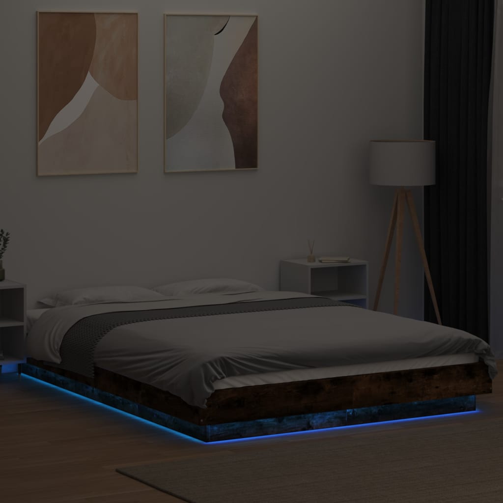 sengeramme med LED-lys 120x200 cm konstrueret træ røget eg