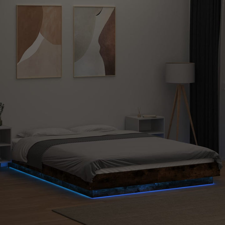 sengeramme med LED-lys 120x200 cm konstrueret træ røget eg