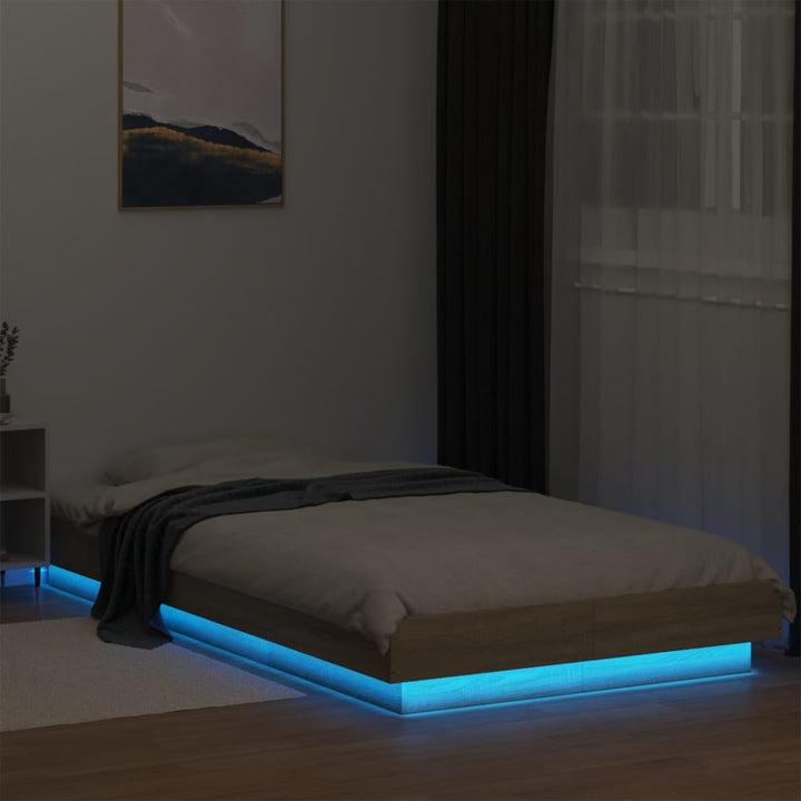 sengeramme med LED-lys 100x200 cm konstrueret træ sonoma-eg