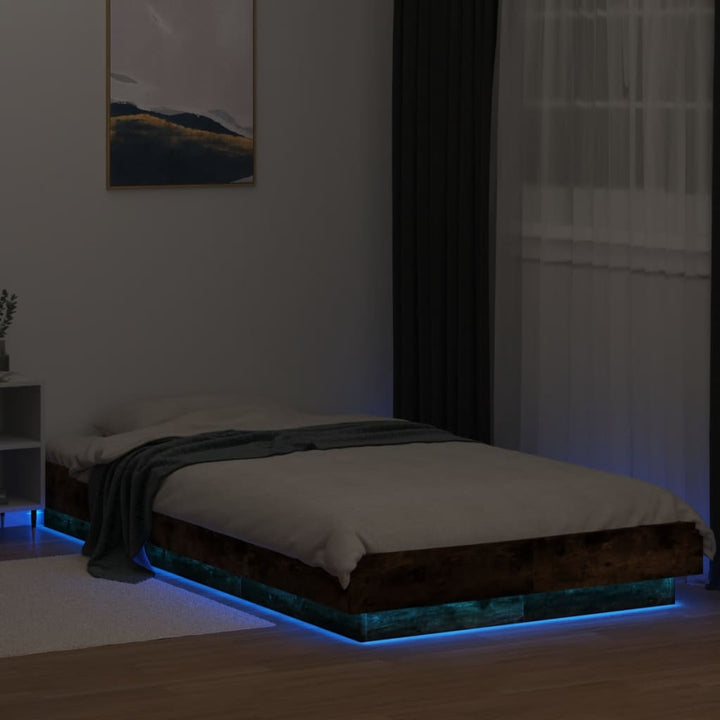 sengeramme med LED-lys 90x200 cm røget egetræsfarve