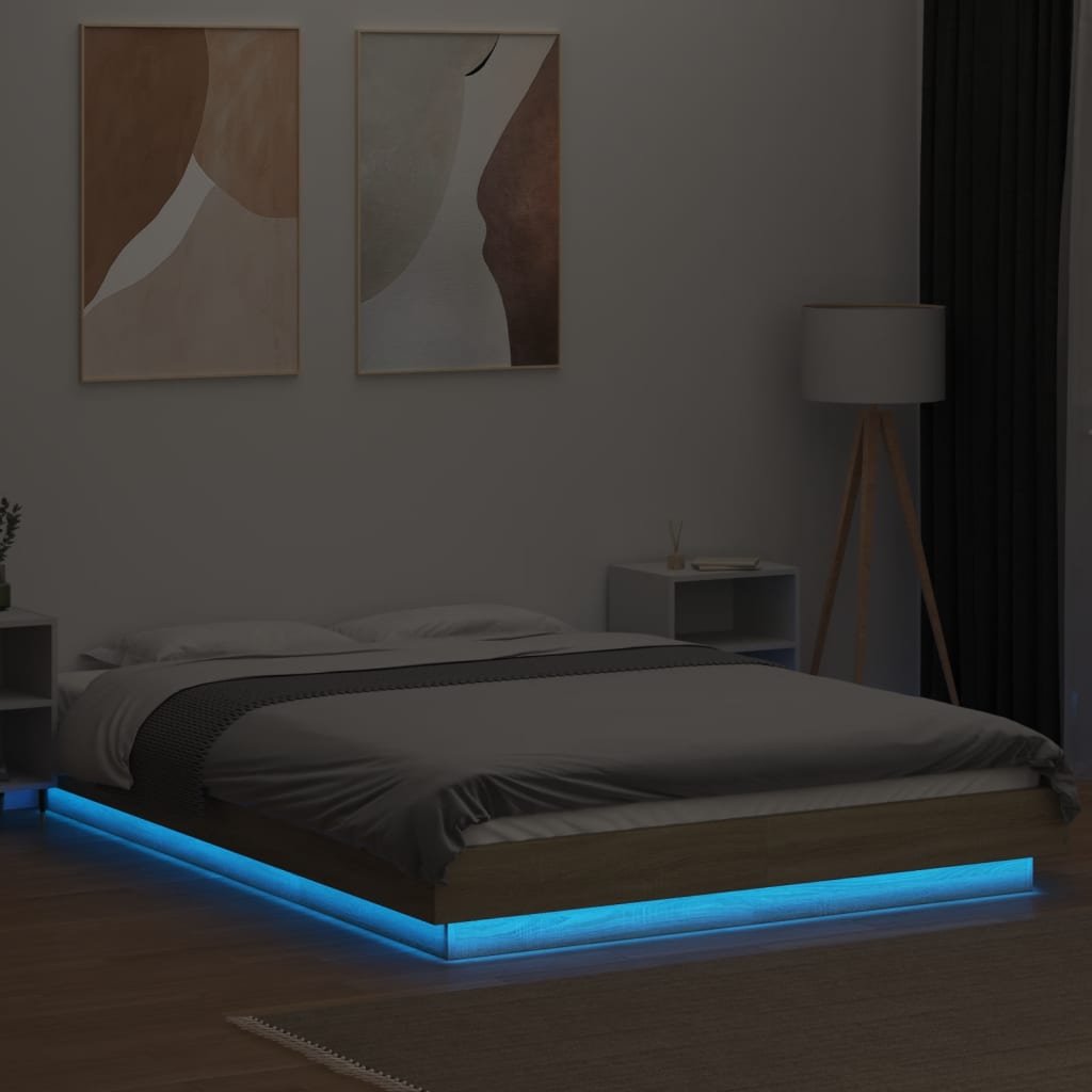 sengeramme med LED-lys 140x190 cm konstrueret træ sonoma-eg
