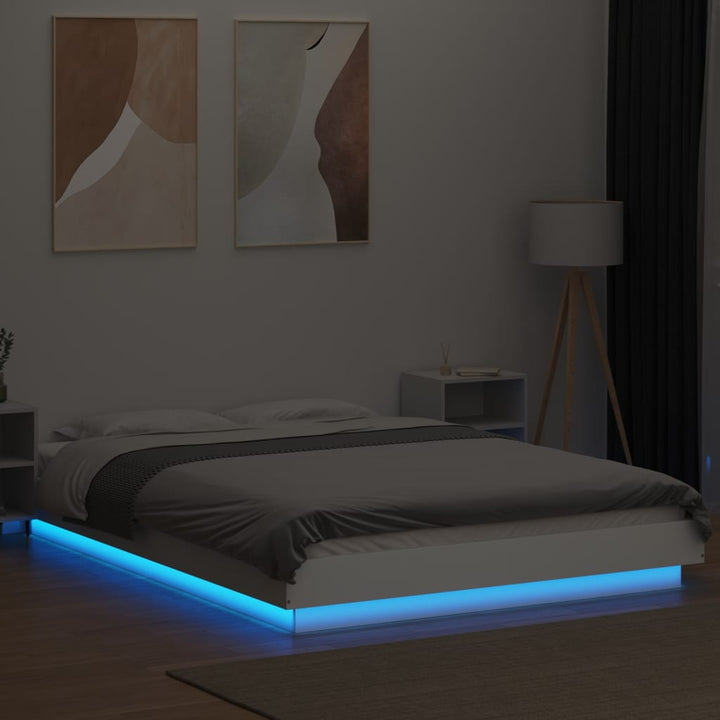 sengeramme med LED-lys 135x190 cm konstrueret træ hvid højglans