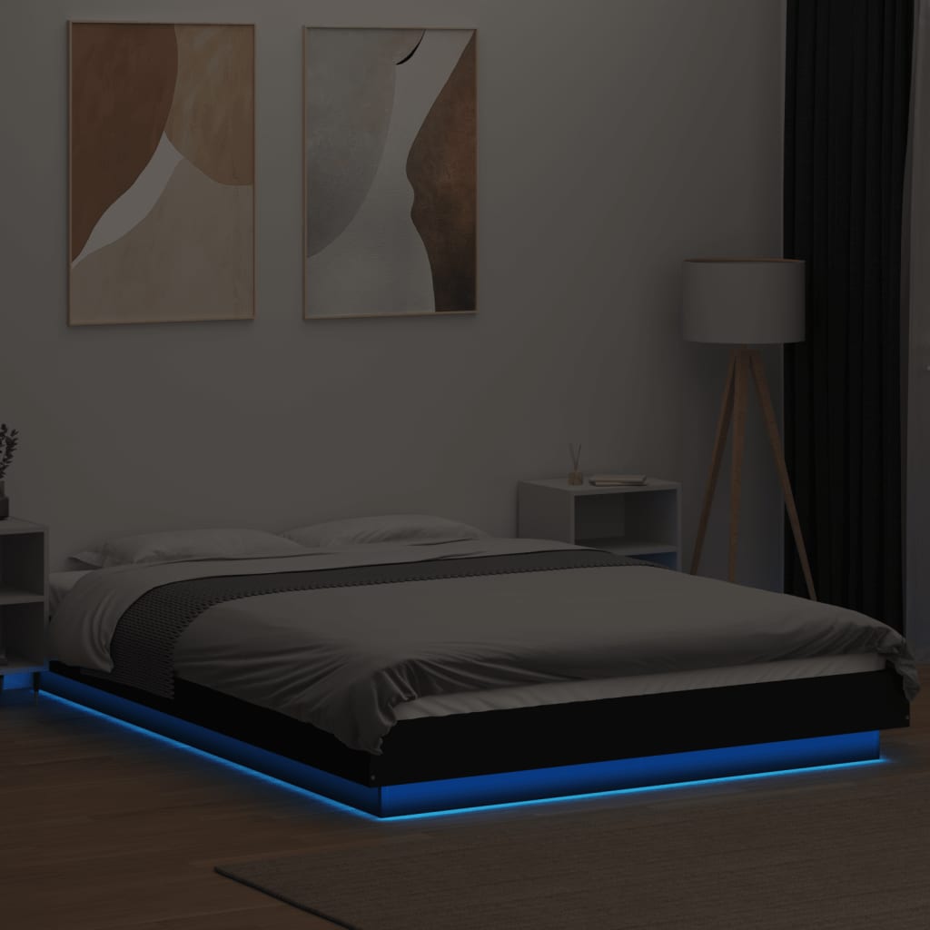 sengeramme med LED-lys 120x190 cm konstrueret træ sort