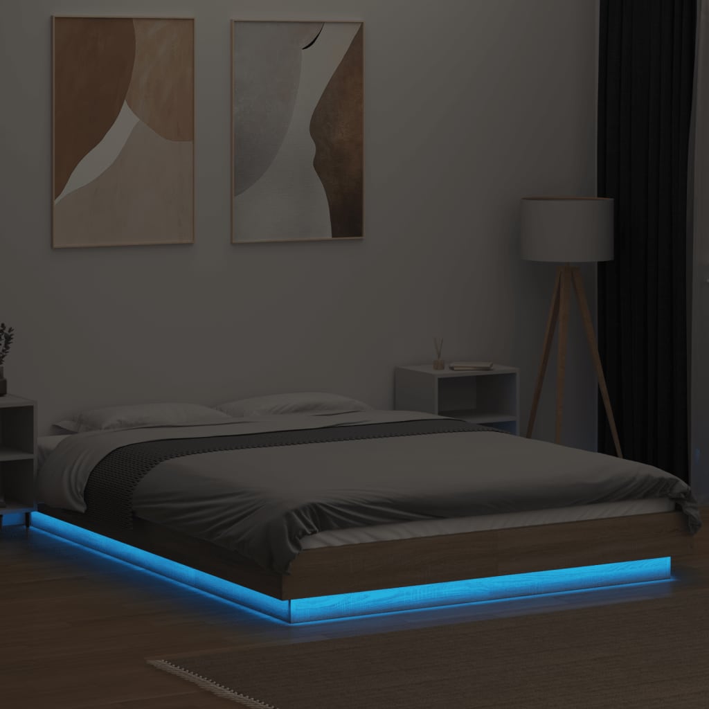 sengeramme med LED-lys 120x190 cm konstrueret træ sonoma-eg