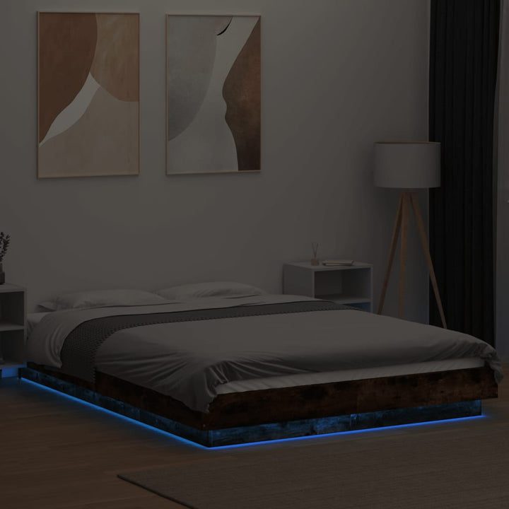 sengeramme med LED-lys 120x190 cm konstrueret træ røget eg