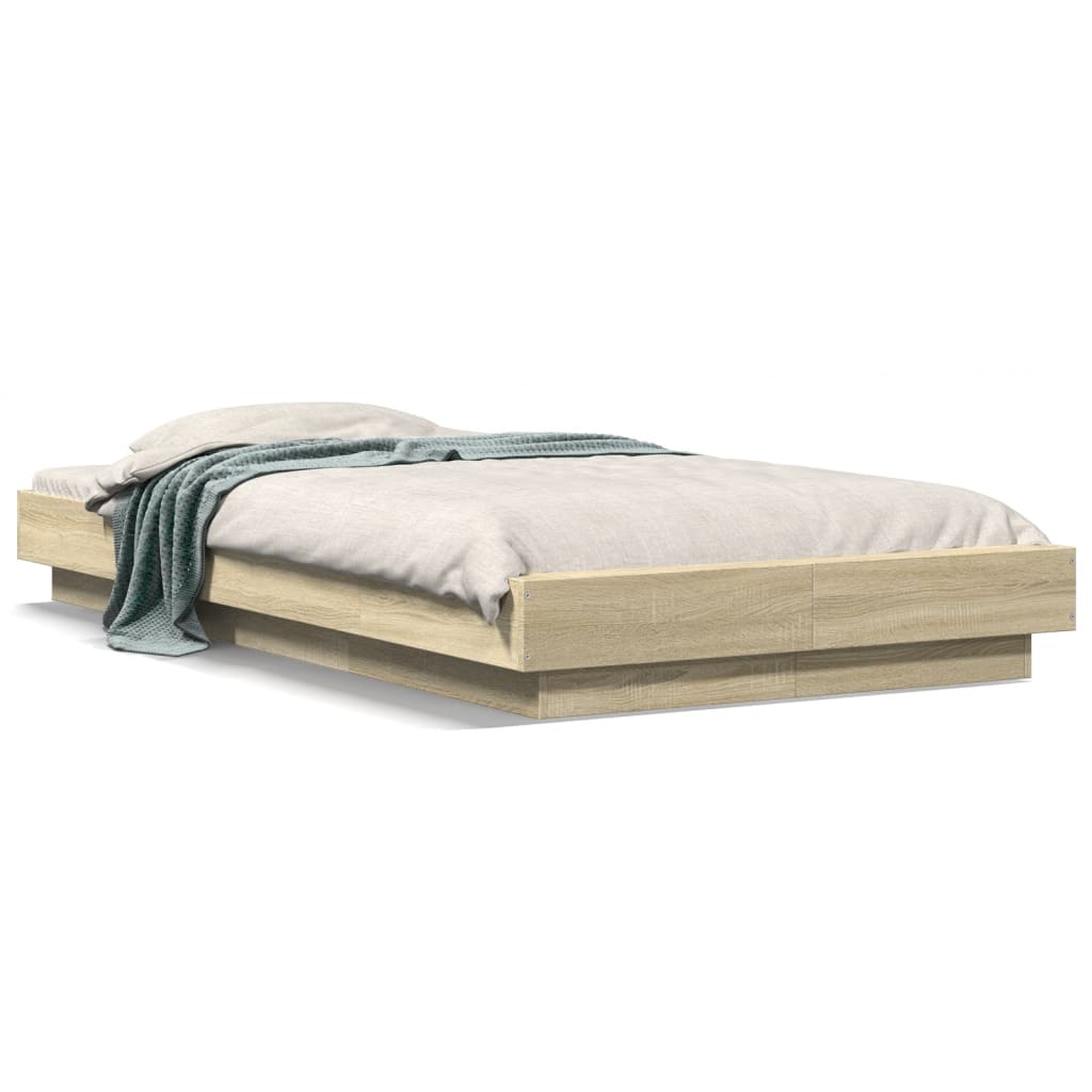 sengeramme med LED-lys 90x190 cm konstrueret træ sonoma-eg