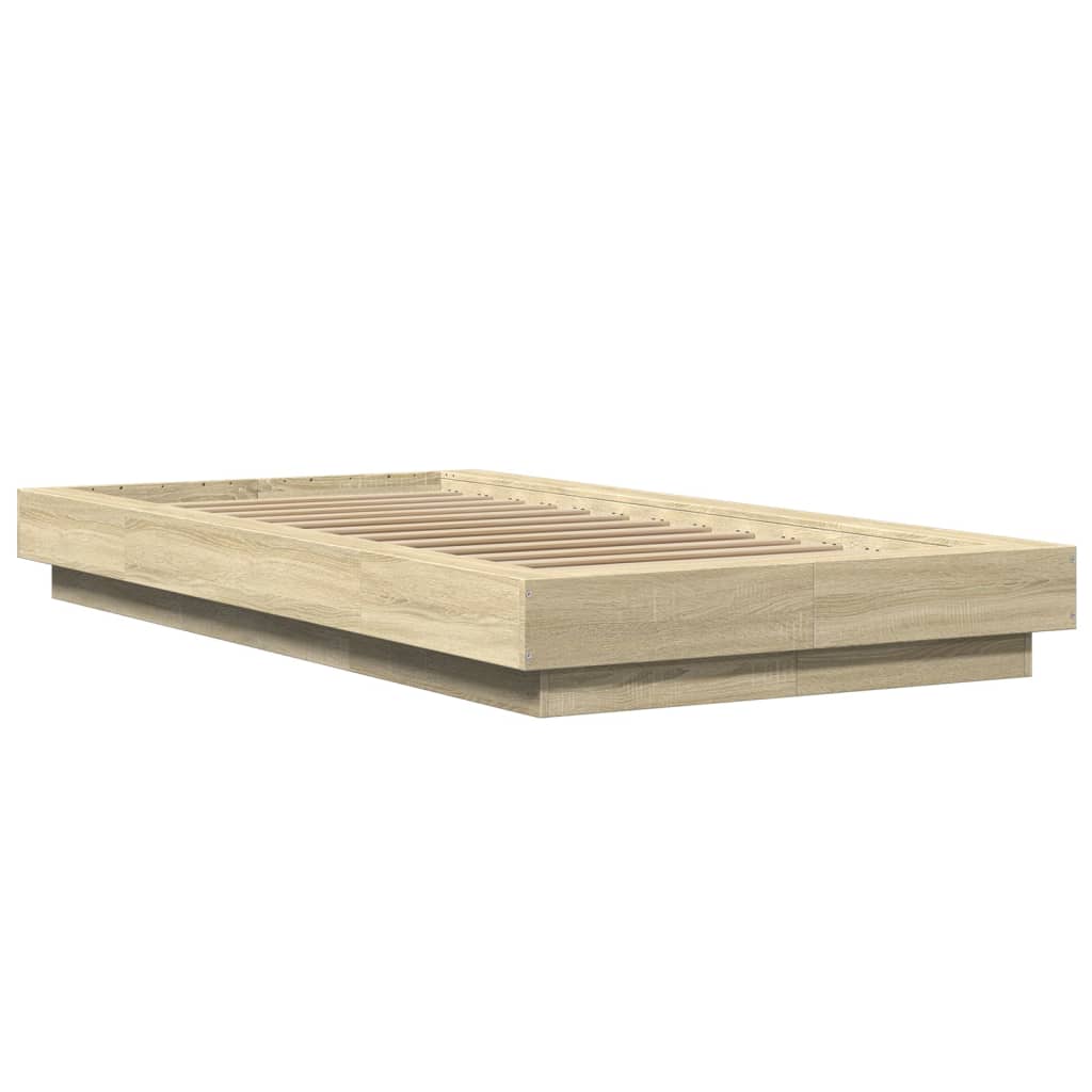 sengeramme med LED-lys 90x190 cm konstrueret træ sonoma-eg