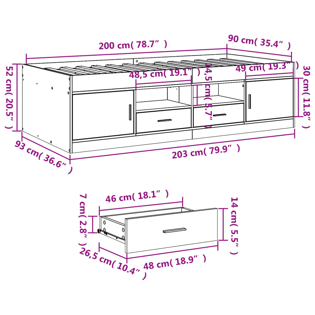 daybed med skuffer uden madras 90x200 cm sonoma-eg