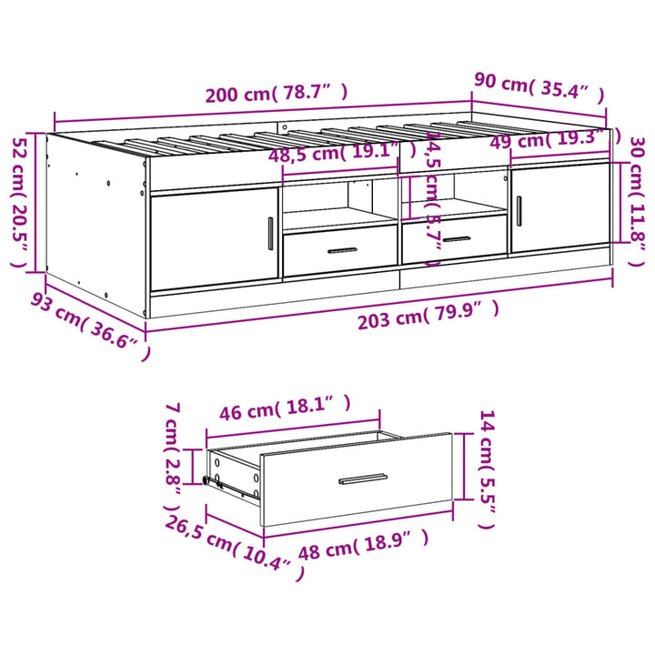 daybed med skuffer uden madras 90x200 cm betongrå