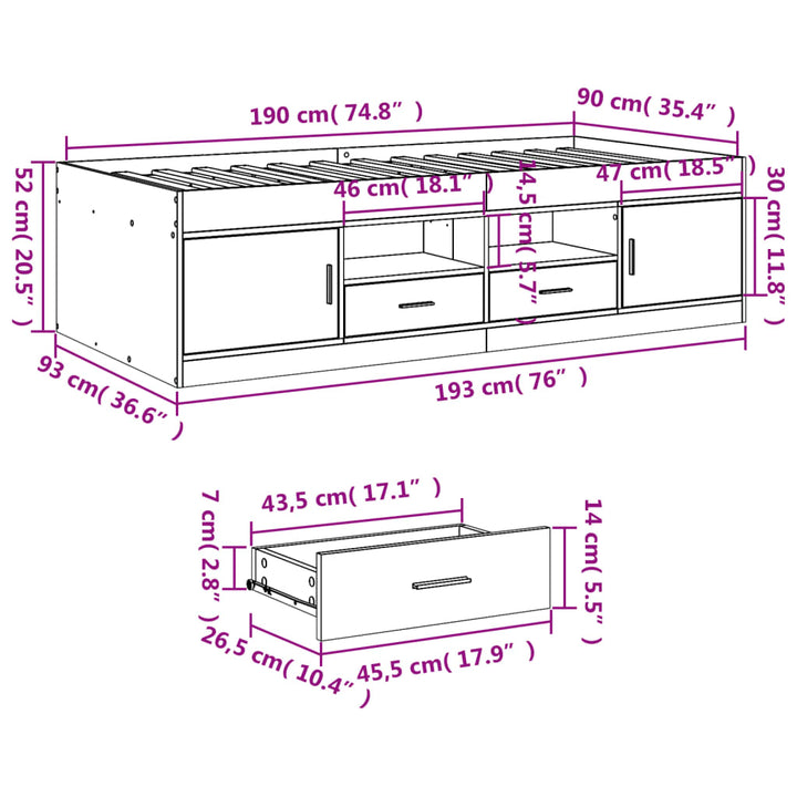 daybed med skuffer uden madras 90x190 cm hvid
