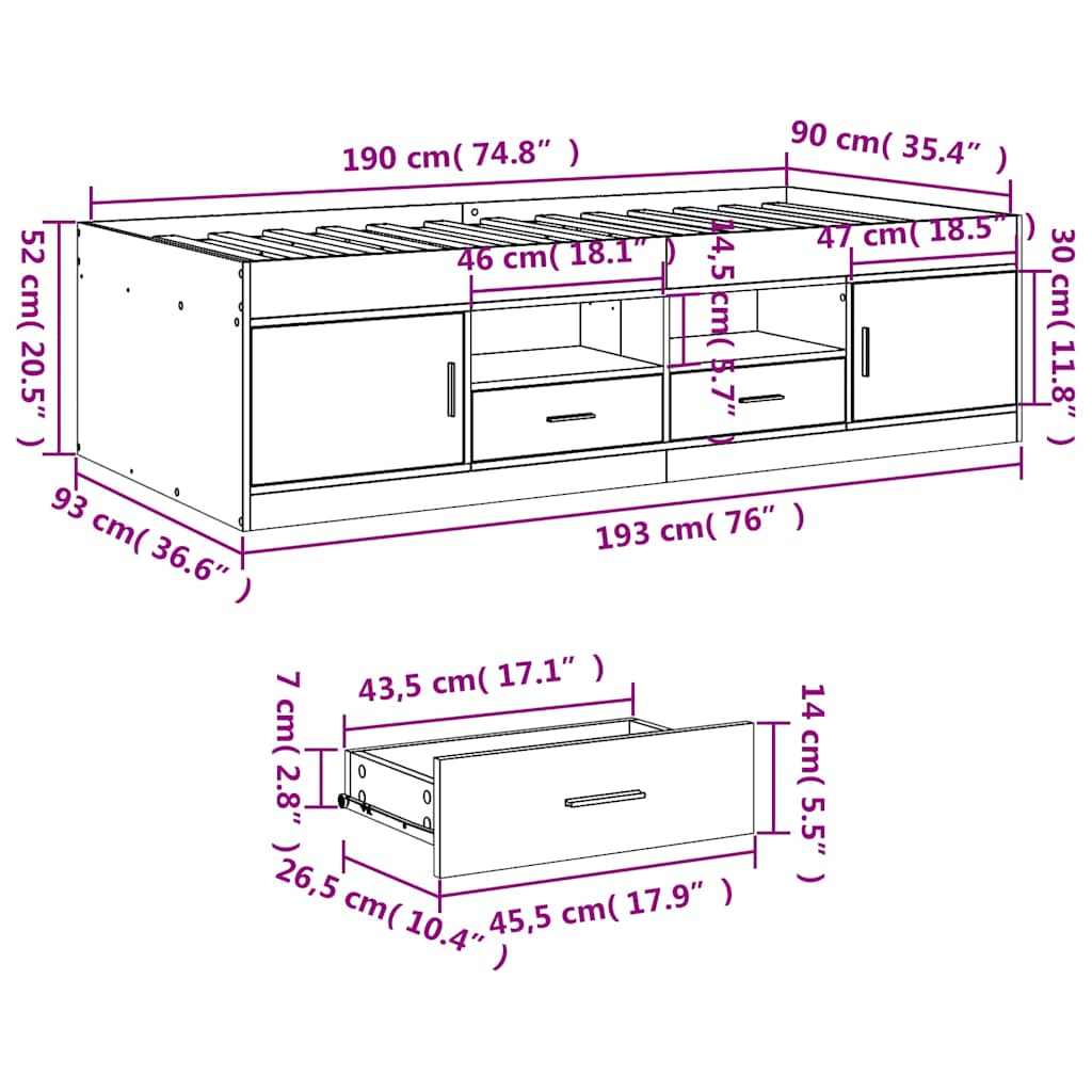 daybed med skuffer uden madras 90x190 cm røget eg