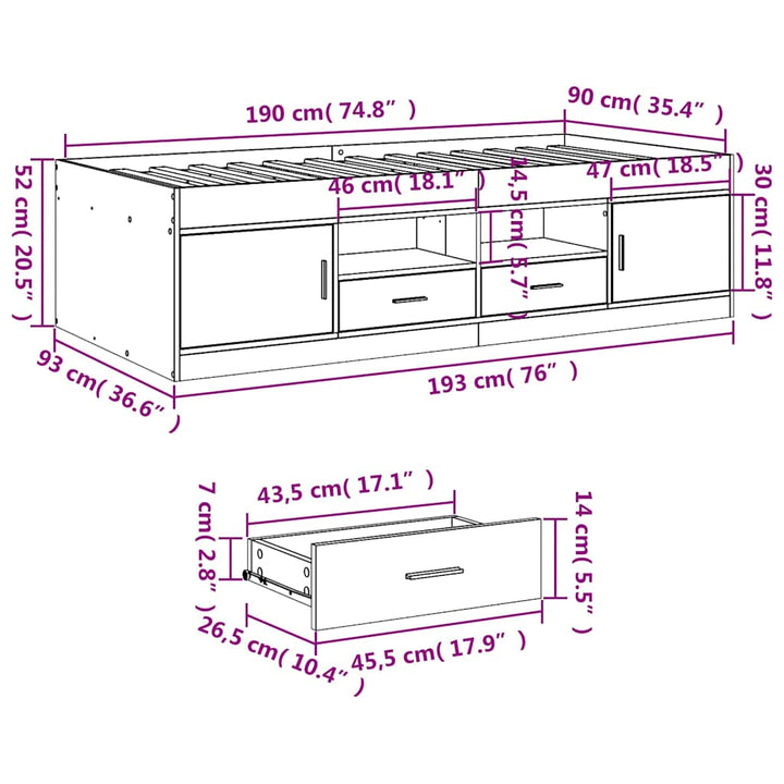 daybed med skuffer uden madras 90x190 cm røget eg