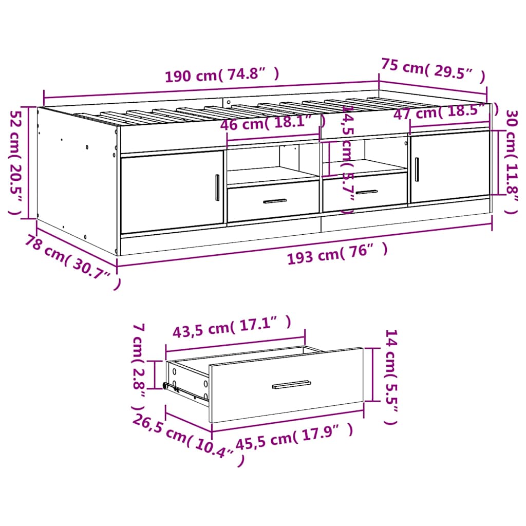 daybed med skuffer uden madras 75x190 cm røget eg