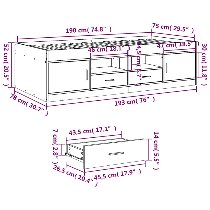 daybed med skuffer uden madras 75x190 cm røget eg
